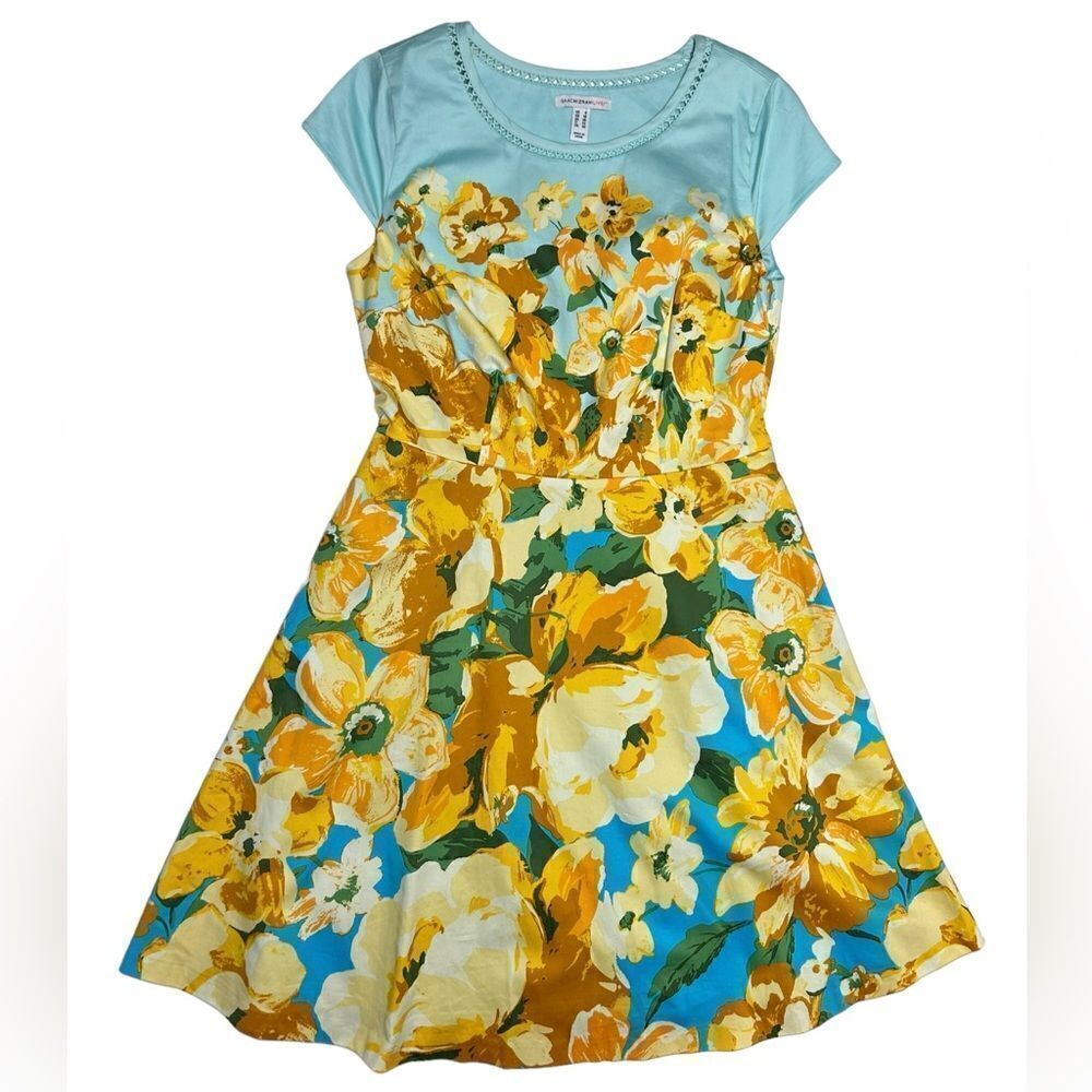 Isaac Mizrahi Blue Yellow Flowers Floral Short Sleeve Mini A-Line Dress Pockets
